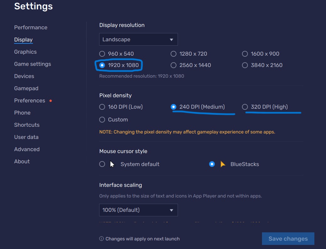 BlueStacks Display Settings